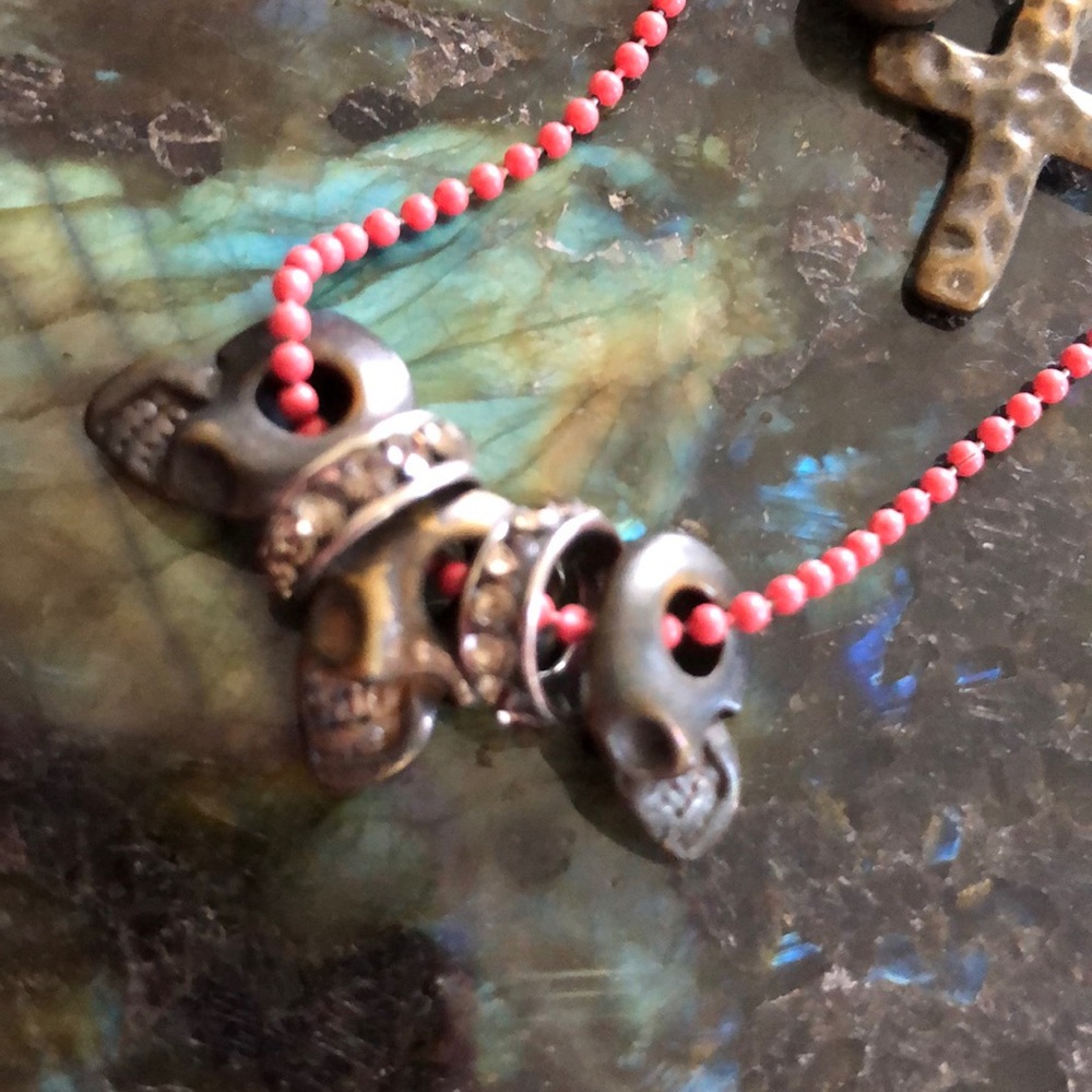 Punk Layered Pink Skull‎ and Cross Necklace Goth